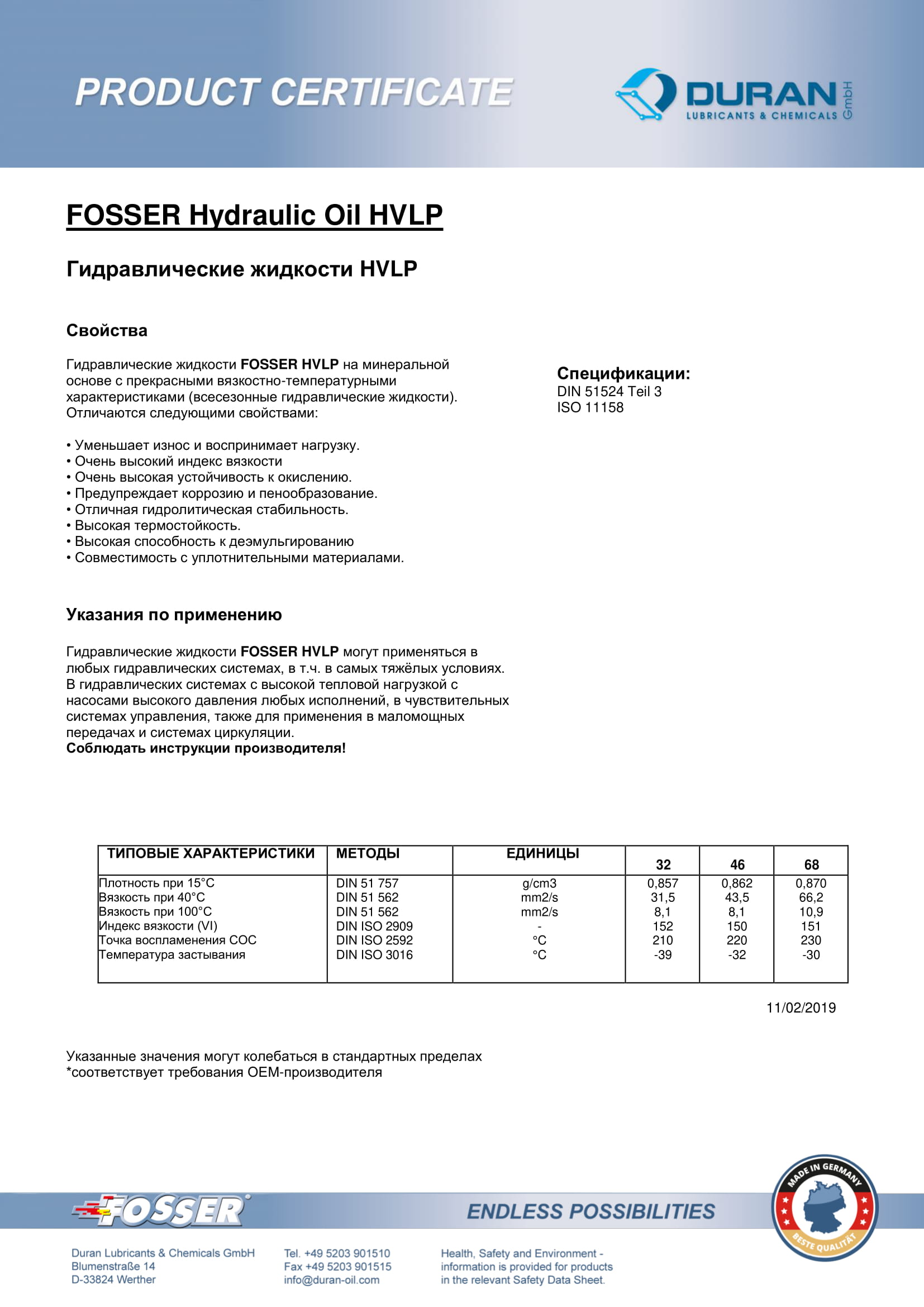 Товарный сертификат Fosser Hydr HVLP