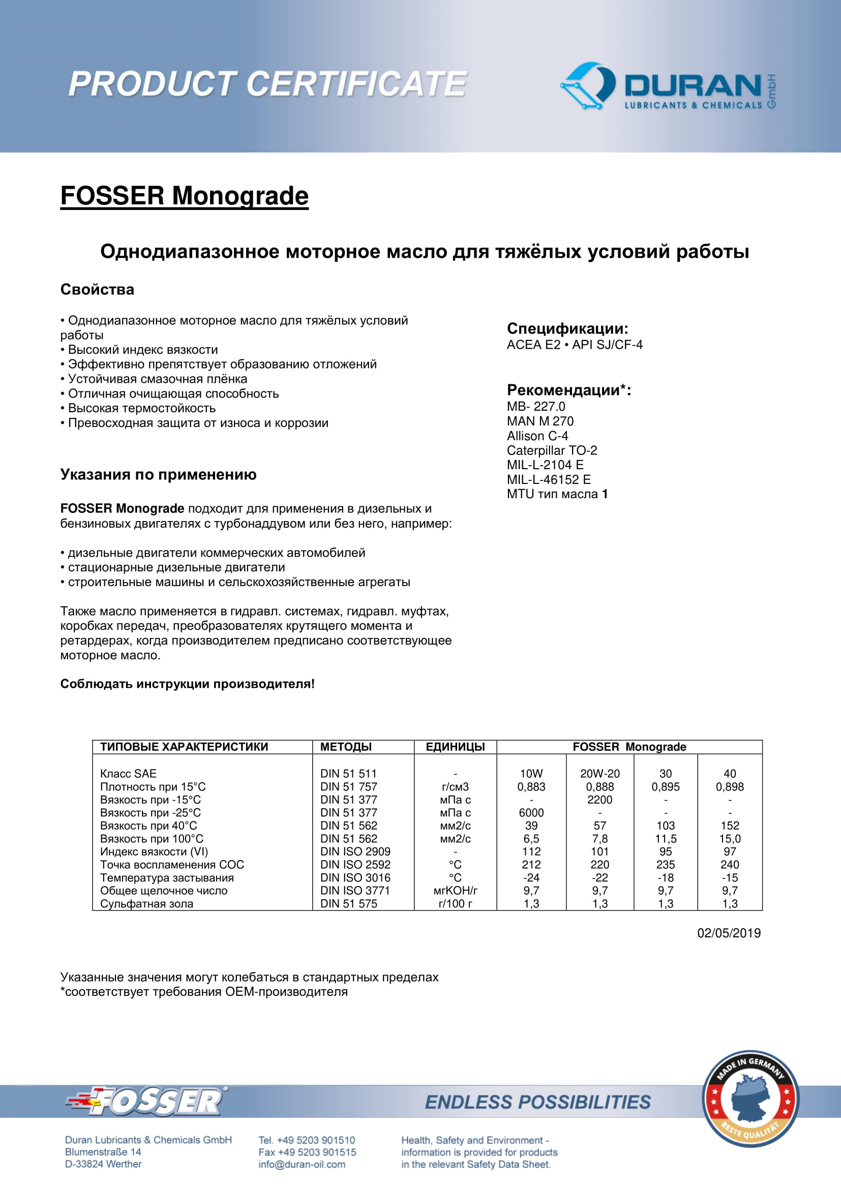 Товарный сертификат Fosser Monograde